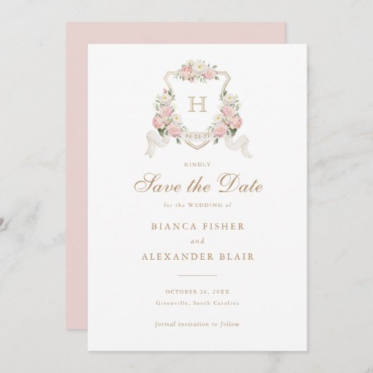 Weiße Hydrangea Grüne Wappen Save the Date Einladung (Vorne/Hinten)