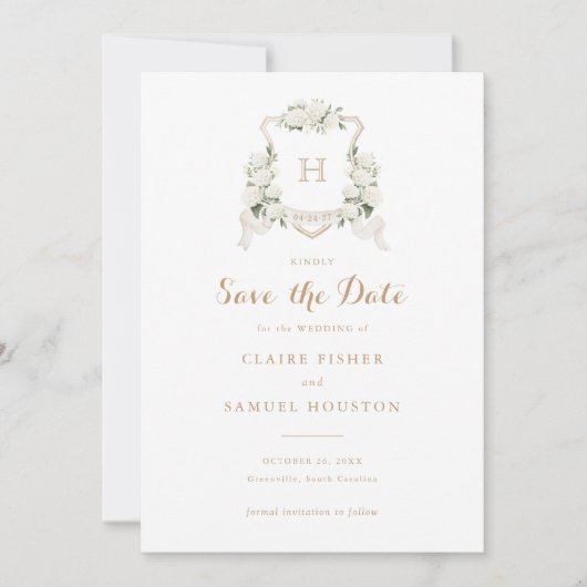 Weiße Hydrangea Grüne Wappen Save the Date Einladung (Vorderseite)