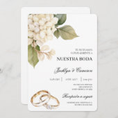 Weiße Hydrangea mit Ringspanischer Hochzeit Einladung (Vorne/Hinten)