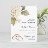 Weiße Hydrangea mit Ringspanischer Hochzeit Einladung (Stehend Vorderseite)