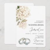 Weiße Hydrangea mit Ringspanischer Hochzeit Einladung (Vorne/Hinten)