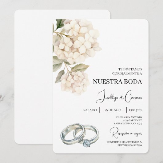 Weiße Hydrangea mit Ringspanischer Hochzeit Einladung (Vorne/Hinten)