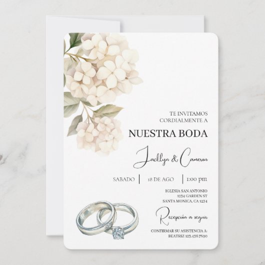 Weiße Hydrangea mit Ringspanischer Hochzeit Einladung (Vorderseite)