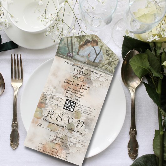 Weiße Hydrangea QR-Foto im Wasserfarbenstil All In One Einladung