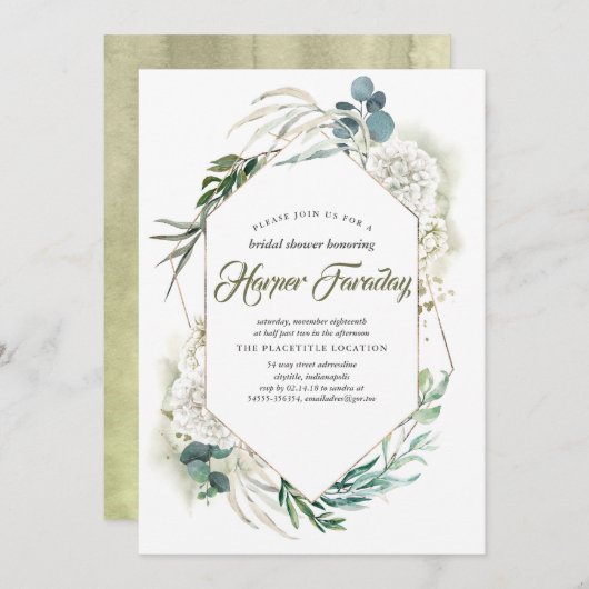 Weiße Hydrangea und Grünpflanzen Modernes Brautpar Einladung (Vorne/Hinten)