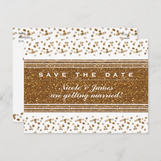Weiße Imitate Gold Save the Date Postkarte (Vorne/Hinten)