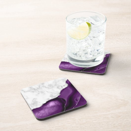 Weiße Imitate Marmor Lila Agate Silver Glitzer Getränkeuntersetzer (Rechte Seite)