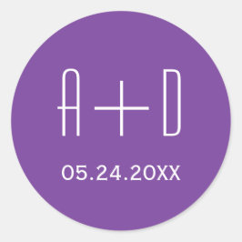 Weiße Initialen, schlichte lila Hochzeit Runder Aufkleber