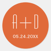 Weiße Initialen, schlichte orange Hochzeit Runder Aufkleber (Vorderseite)