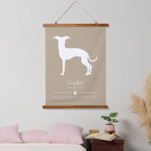 Weiße italienische Greyhound-Silhouette auf Beige Wandteppich Mit Holzrahmen