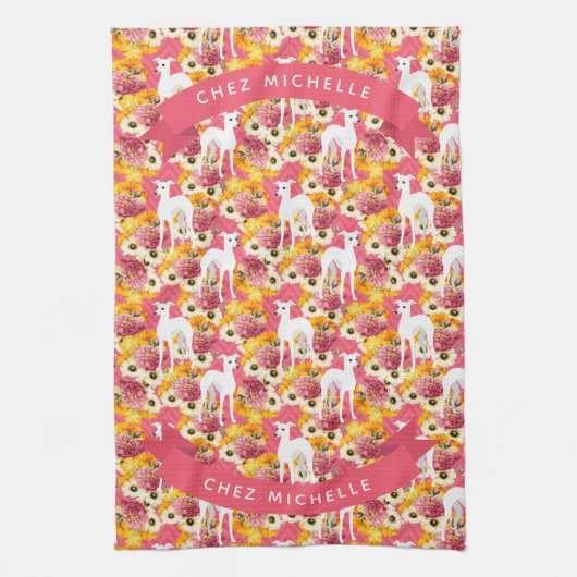 Weiße italienische Windhunde oder Whippets Rosa Bl Geschirrtuch (Vertikal)