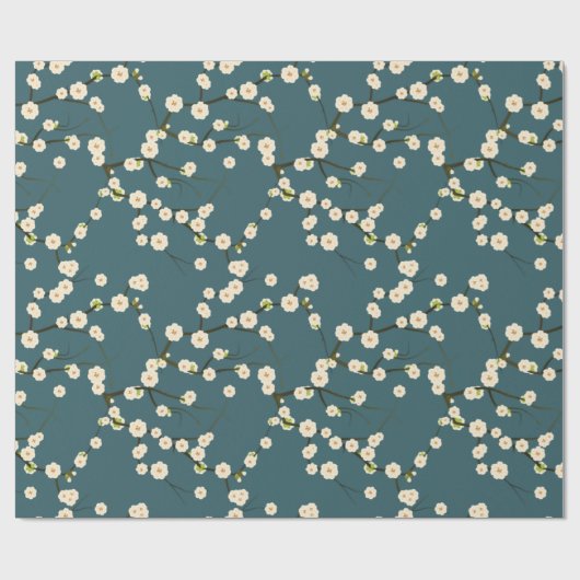 Weiße japanische Kirschblüten auf Forest Green Geschenkpapier (Flach)