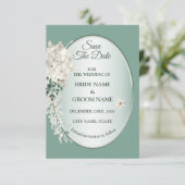 Weiße Jasmin-Blumen Grüne Geometrische Hochzeit Save The Date (Stehend Vorderseite)