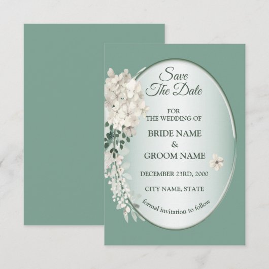 Weiße Jasmin-Blumen Grüne Geometrische Hochzeit Save The Date (Vorne/Hinten)