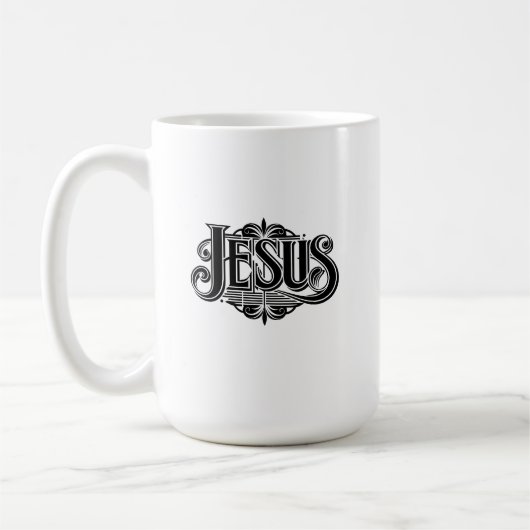 Weiße Kaffeetasse mit Jesus Namen (Links)