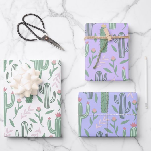 Weiße Kakteen botanisches Muster 3 Farben Geschenkpapier Set (Vorderseite)