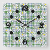 Weiße Kamille Blume auf grünblauem Schachbrett Quadratische Wanduhr (Vorderseite)