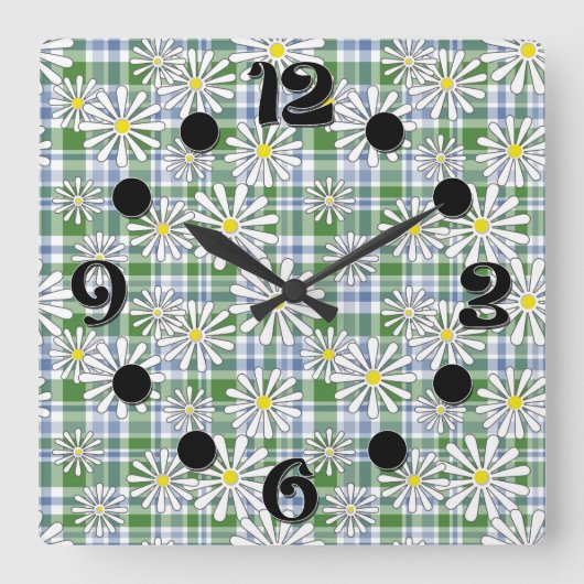 Weiße Kamille Blume auf grünblauem Schachbrett Quadratische Wanduhr (Vorderseite)