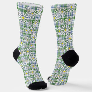 Weiße Kamille Blume auf grünblauem Schachbrett Socken
