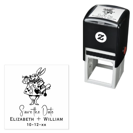 Weiße Kaninchen-Alice im Wunderland Save the Date Permastempel (Beispiel)