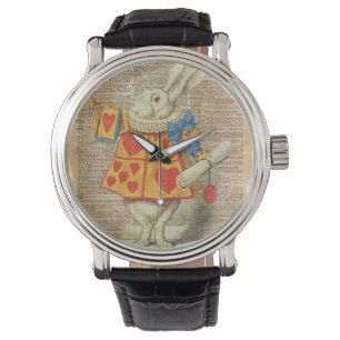Weiße Kaninchen-Alice im Wunderland-Vintage Grafik Armbanduhr