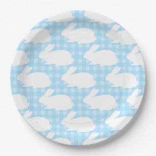 Weiße Kaninchen auf pastellblauem Gingham-Muster Pappteller