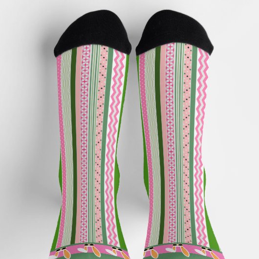 Weiße Kaninchen auf rosa und grüne Streifen, Oster Socken (Oben)
