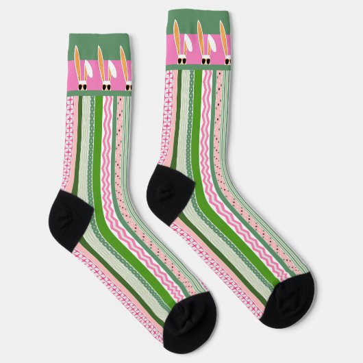 Weiße Kaninchen auf rosa und grüne Streifen, Oster Socken (Rechts)