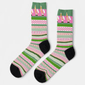 Weiße Kaninchen auf rosa und grüne Streifen, Oster Socken (Linkes Detail)