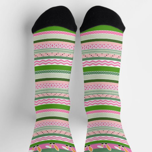 Weiße Kaninchen auf rosa und grüne Streifen, Oster Socken (Oben)