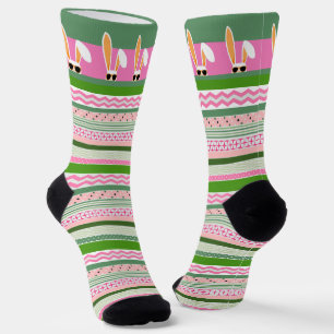 Weiße Kaninchen auf rosa und grüne Streifen, Oster Socken