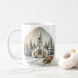 Weiße Kapelle auf dem Land Nachtweihnachtszene Kaffeetasse