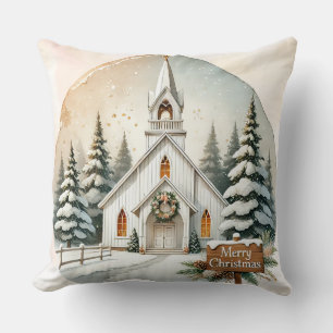Weiße Kapelle auf dem Land   Nachtweihnachtszene Kissen