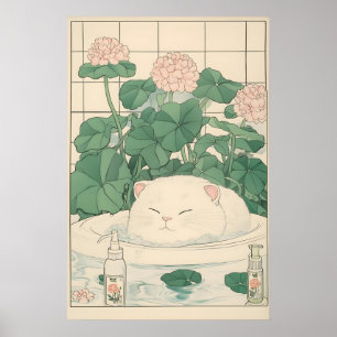Weiße Katz Badewanne Druck, Ukiyo-e Japanische Kun Poster