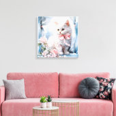 Weiße Kätzchen mit rosa Kissen in einem Fenster Leinwanddruck (Insitu (Wohnzimmer))