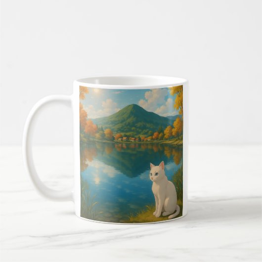 Weiße Katze am See - Tasse für Katze (Links)
