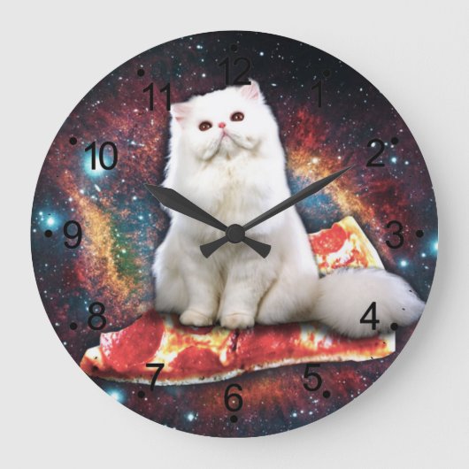 Weiße Katze auf der Pizza Große Wanduhr (Vorderseite)