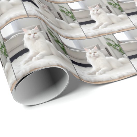 Weiße Katze auf einem Pelzfresser Geschenkpapier (Rolleneckpunkt)
