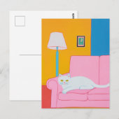 Weiße Katze auf einem rosa Sofa Postkarte (Vorne/Hinten)