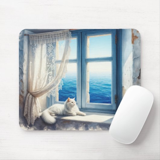 Weiße Katze auf einem Windows mit Meerblick Mousepad (Mit Mouse)
