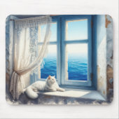 Weiße Katze auf einem Windows mit Meerblick Mousepad (Vorne)