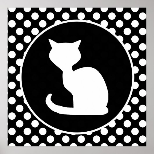 Weiße Katze auf schwarzen und weißen Polka-Punkten Poster (Vorne)