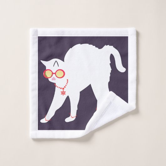 Weiße Katze aufgezogen 3 Stück Poly Baumwollkronen Badhandtuch Set (Waschlappen)