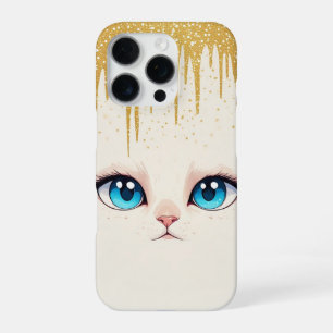 Weiße Katze Blaue Augen Minimalistischer Goldener iPhone 16 Pro Hülle