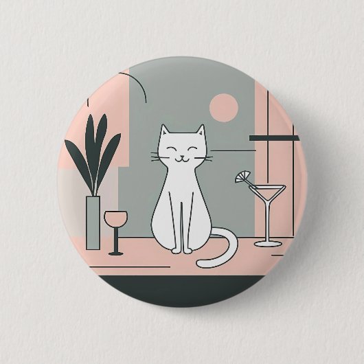 weiße Katze Cocktailparty Katzen Retro-Stil Button (Vorderseite)