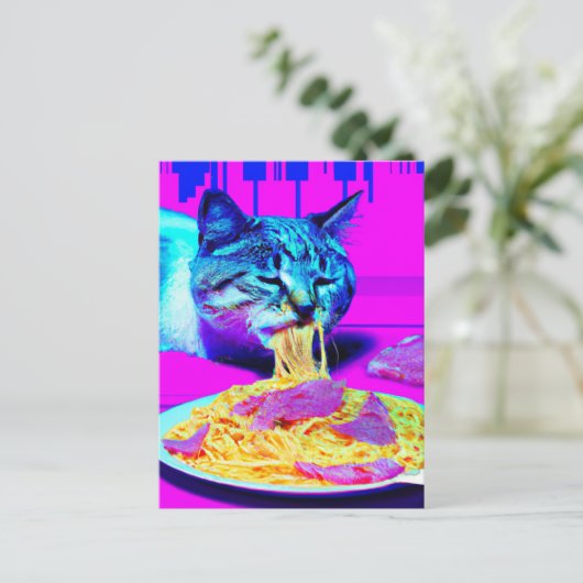 Weiße Katze Eating Spaghetti generativecontent Postkarte (Stehend Vorderseite)