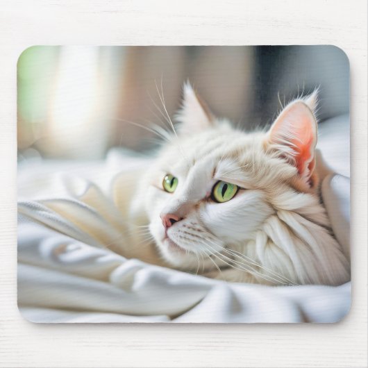 Weiße Katze im Bett Mousepad (Vorne)