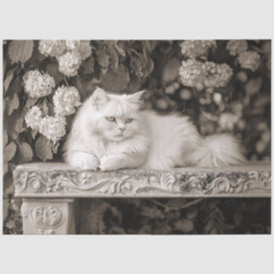 Weiße Katze im Blumengarten-Decoupage Seidenpapier