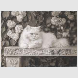 Weiße Katze im Blumengarten Dekoupage Seidenpapier