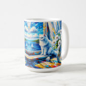 Weiße Katze im Fenster Blick auf den Ozean Kaffeetasse (VorderseiteRechts)